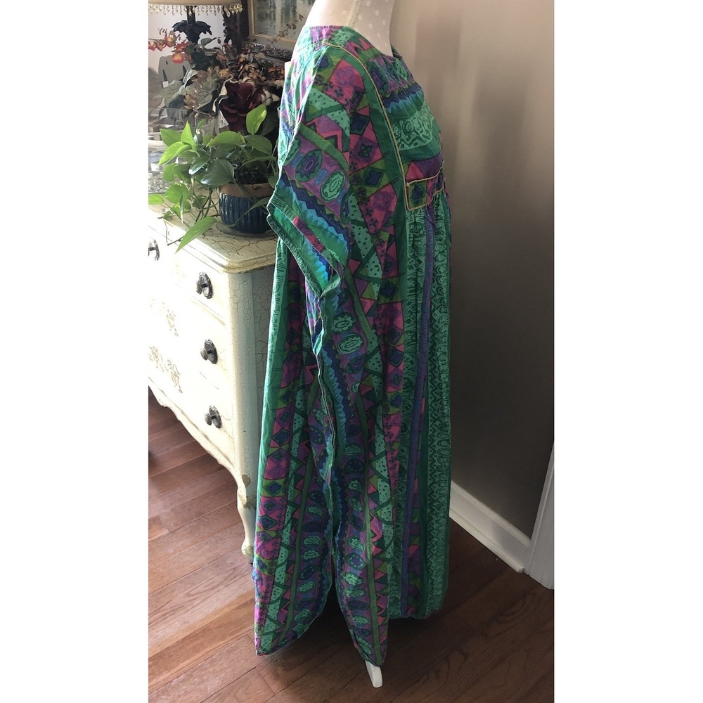 Vtg Kaftan 100% Cotton Long Kaftan Dress Caftan Vibrant Colors Kimono One Size - Picture 7 of 10